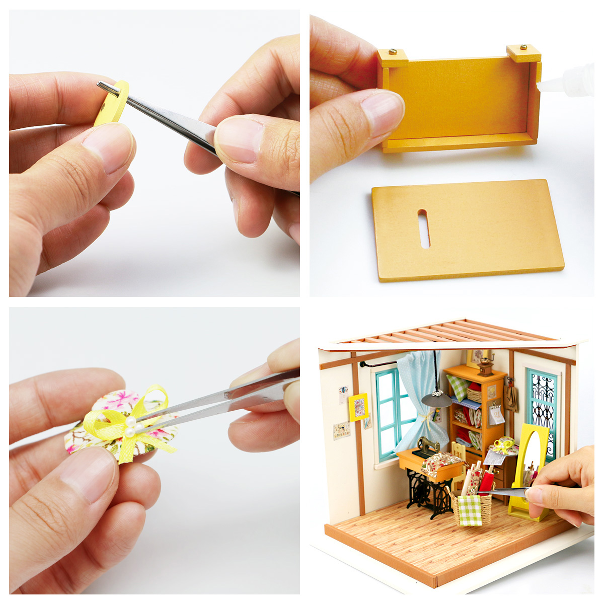 DIY Wooden Miniature Tailor Shop Dollhouse Furniture LED Kit Children Puzzle Toy